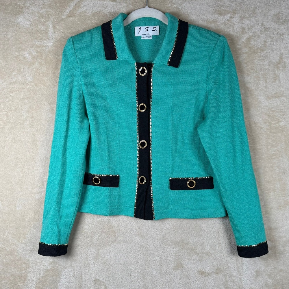 J.S.S. Vintage Teal Green Wool Blend Knit Cardigan Jacket Black Gold Trim Small